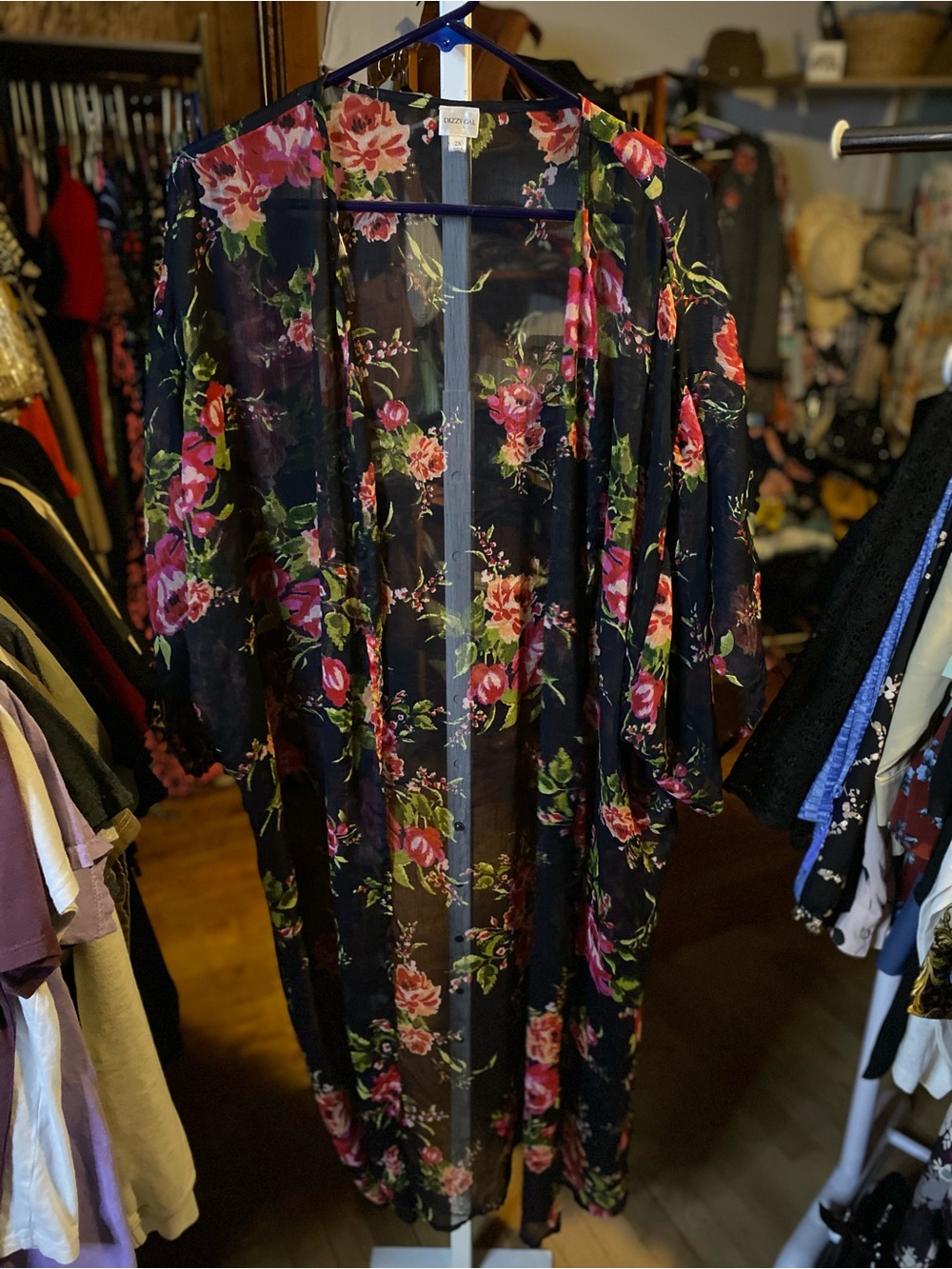 Floral Sheer Kimono midi length Duster in Black with Pink & Green Print